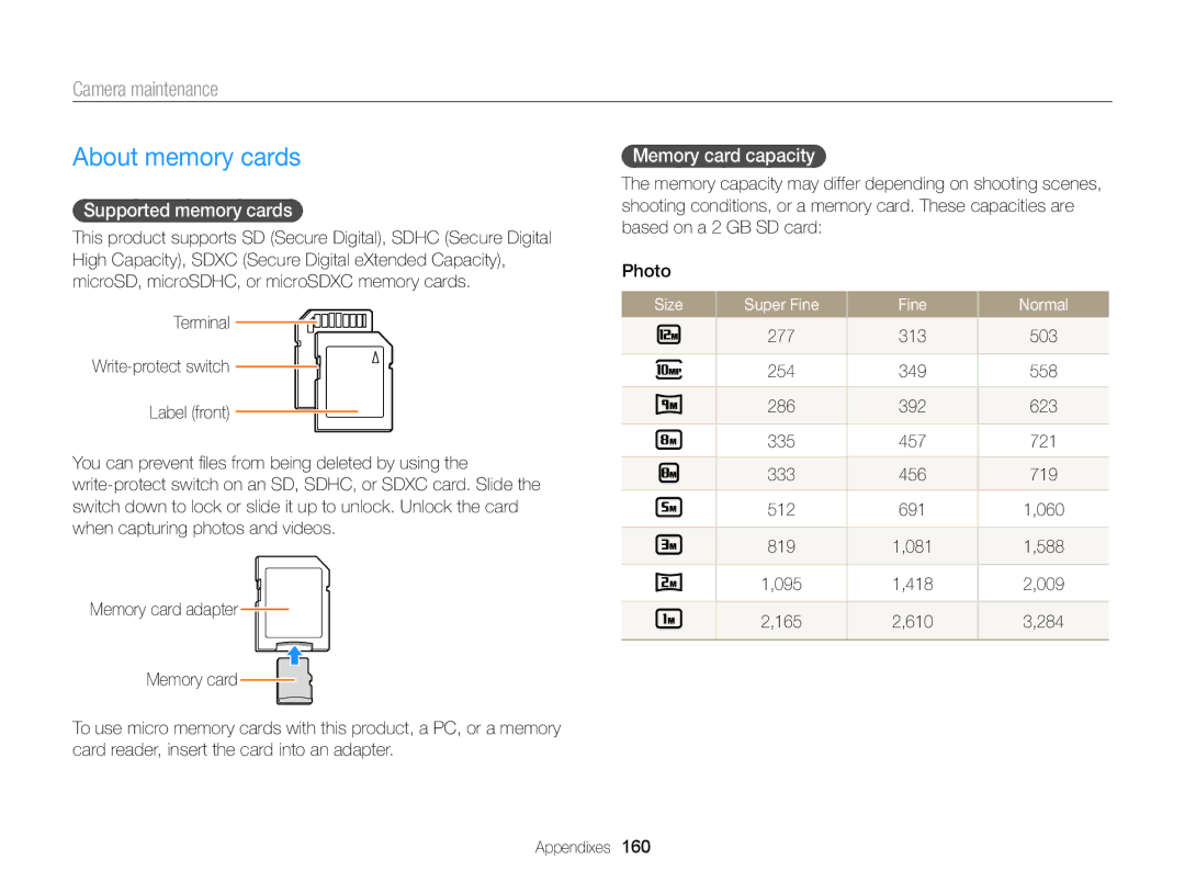 Samsung EC-EX2FZZBPBUS appendix About memory cards, Supported memory cards, Memory card capacity, Size Super Fine Normal 