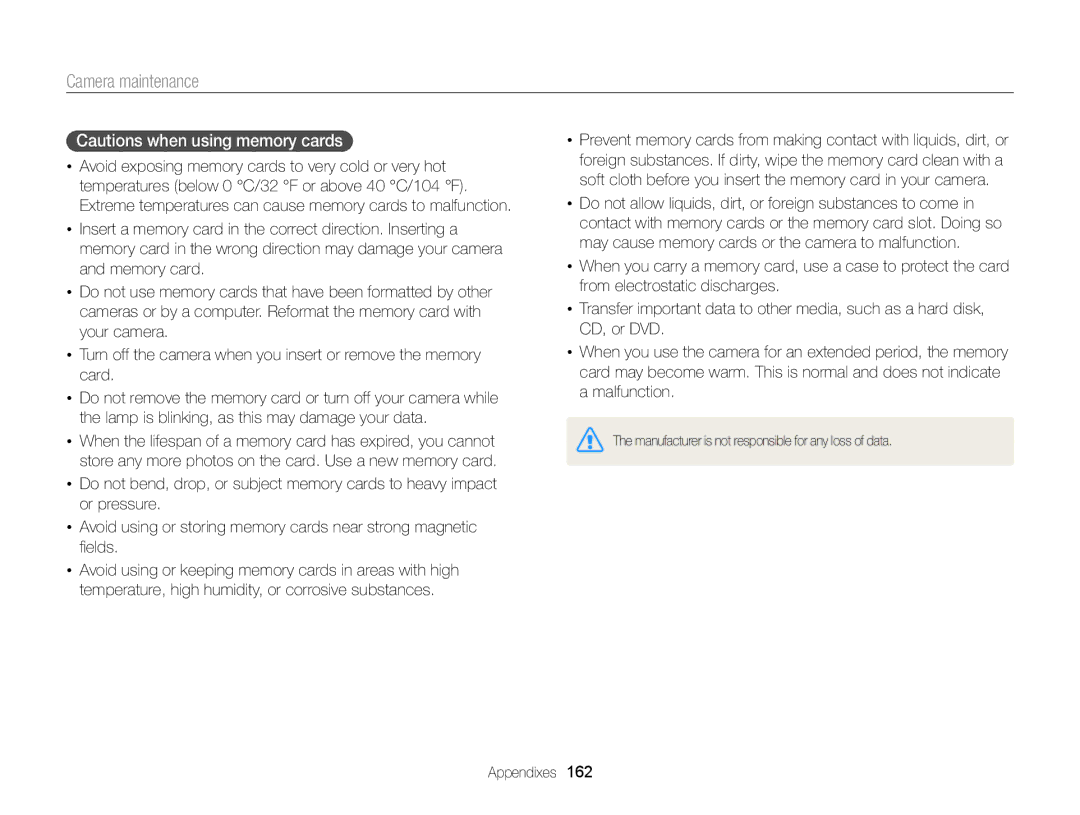 Samsung EC-EX2FZZBPBUS appendix Manufacturer is not responsible for any loss of data 