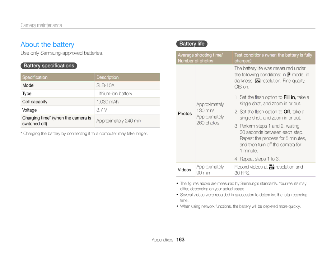 Samsung EC-EX2FZZBPBUS appendix About the battery, Battery speciﬁcations, Battery life 