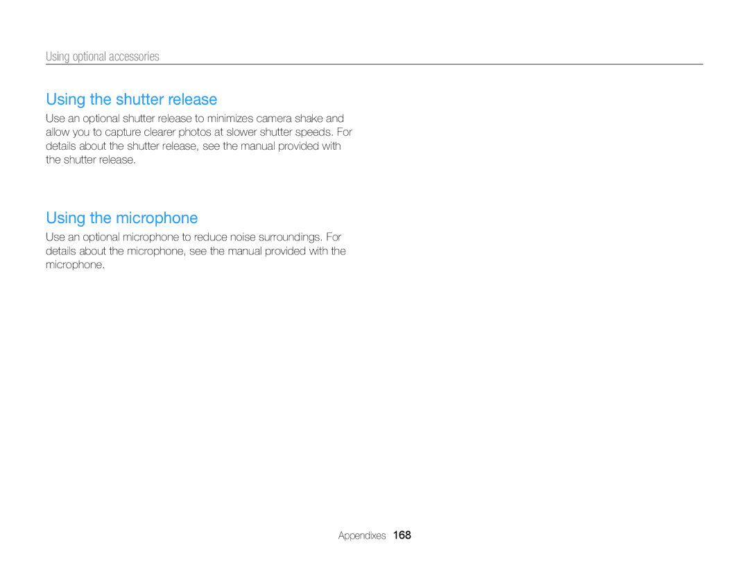 Samsung EC-EX2FZZBPBUS appendix Using the shutter release, Using the microphone, Using optional accessories 