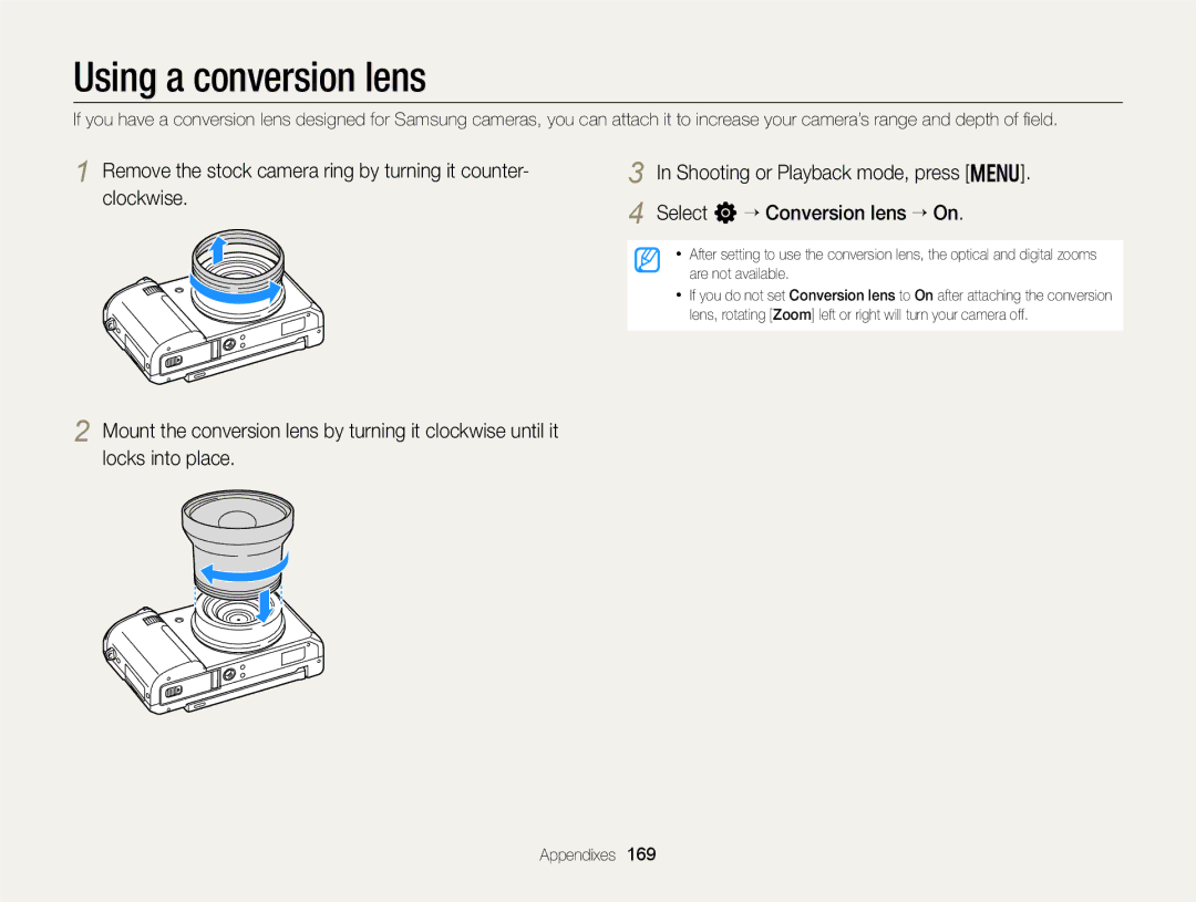 Samsung EC-EX2FZZBPBUS appendix Using a conversion lens 