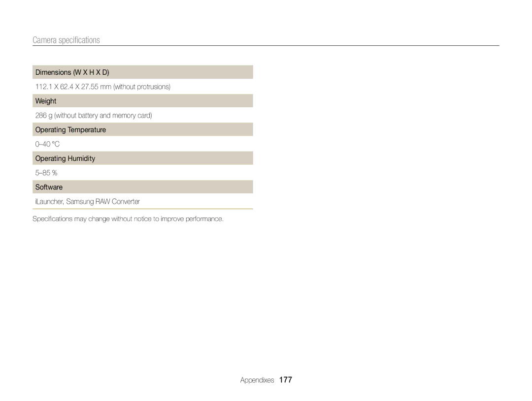 Samsung EC-EX2FZZBPBUS appendix Camera speciﬁcations 