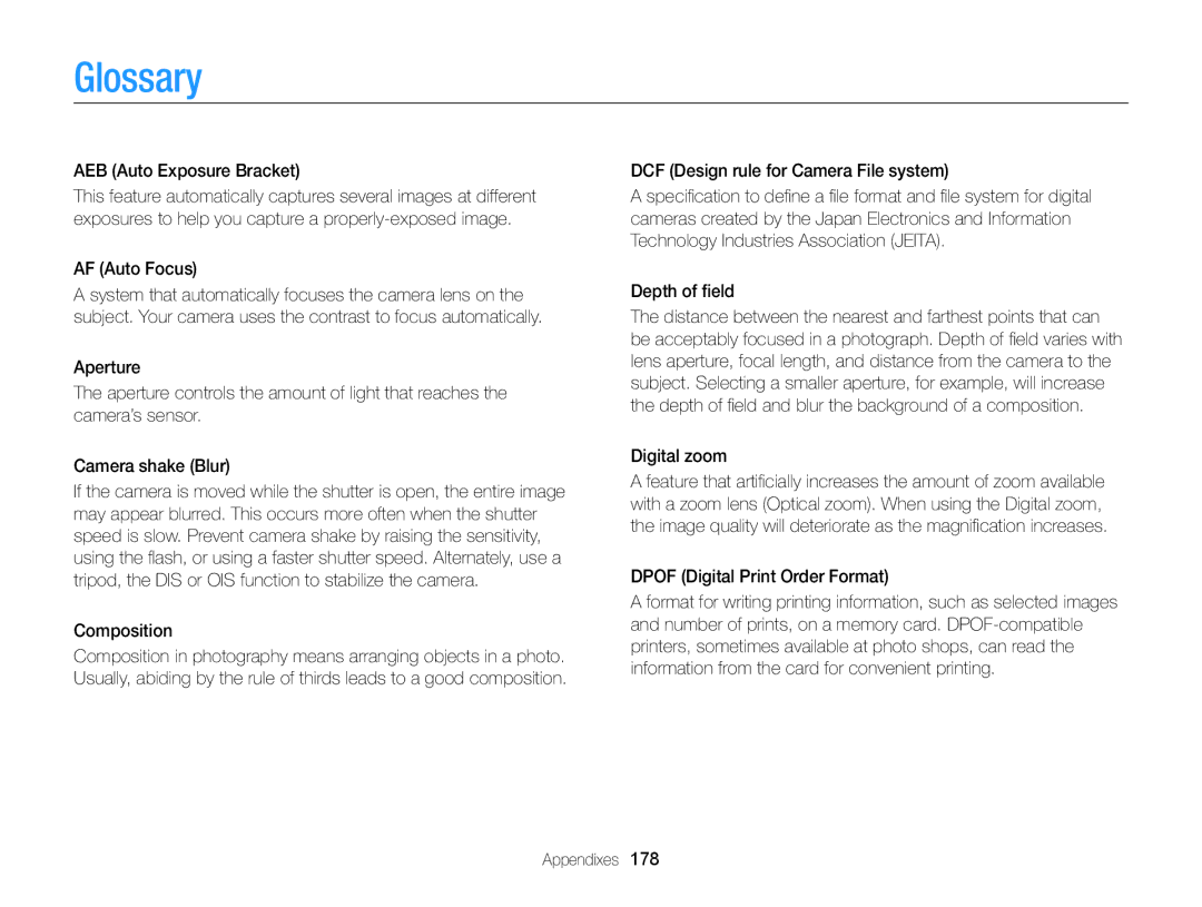 Samsung EC-EX2FZZBPBUS Glossary, AEB Auto Exposure Bracket, AF Auto Focus, Composition, Dpof Digital Print Order Format 