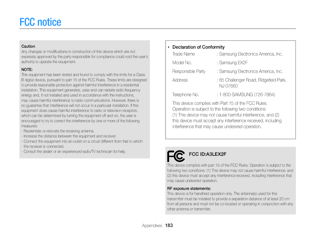 Samsung appendix FCC notice, Declaration of Conformity Trade Name, Model No Samsung EX2F Responsible Party, Address 