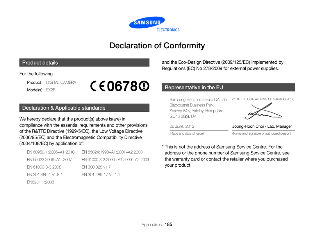 Samsung EC-EX2FZZBPBUS appendix Declaration of Conformity, For the following 