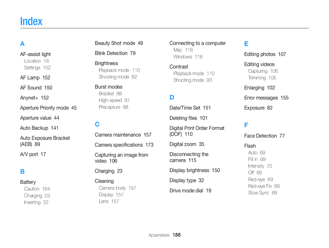 Samsung EC-EX2FZZBPBUS appendix Index 