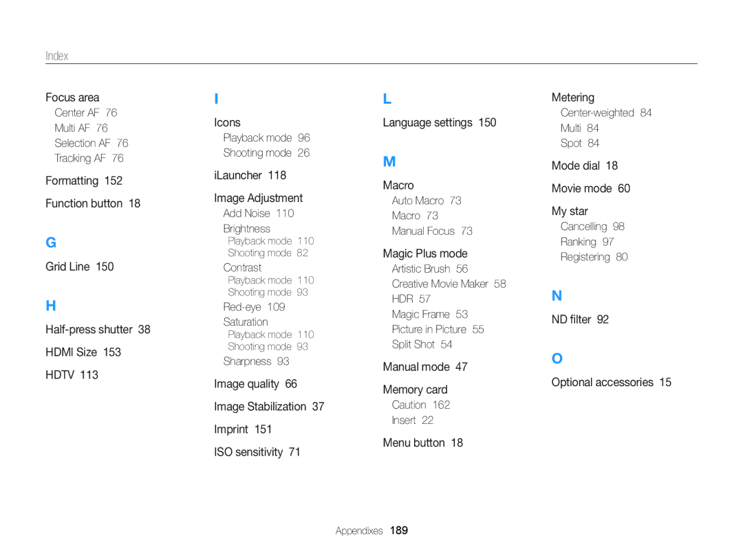 Samsung EC-EX2FZZBPBUS appendix Index 