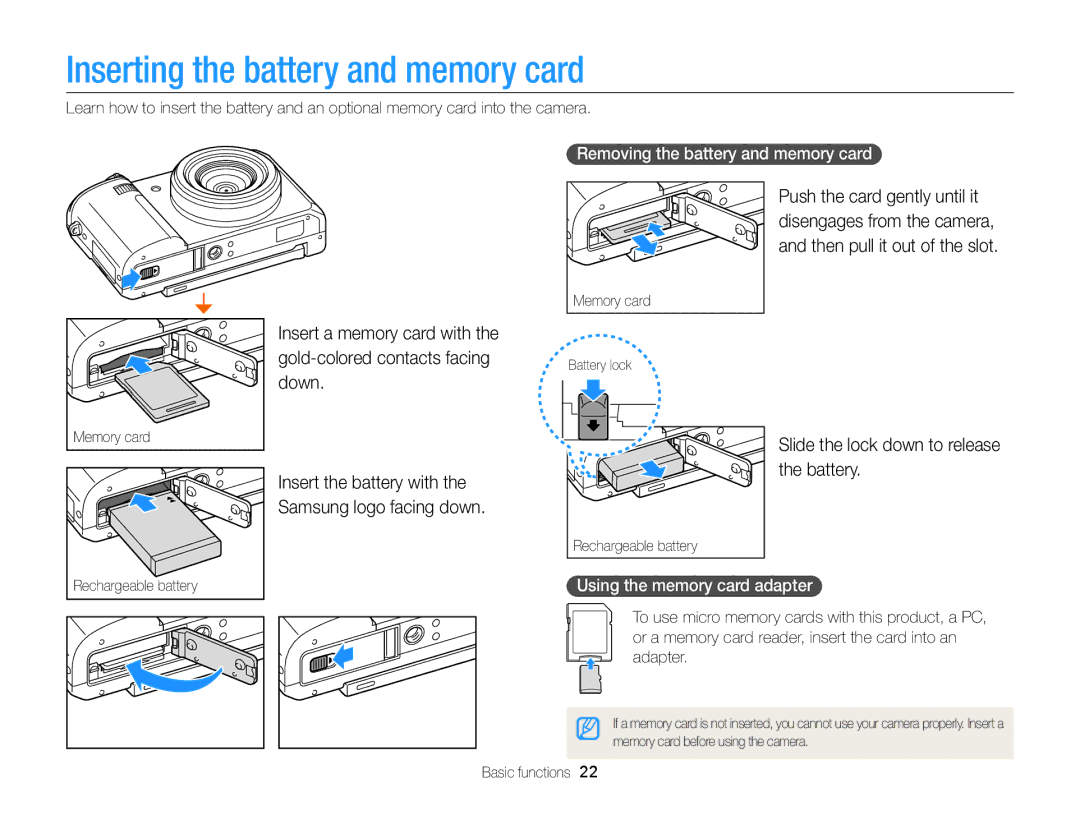 Samsung EC-EX2FZZBPBUS appendix Inserting the battery and memory card, Insert the battery with Samsung logo facing down 