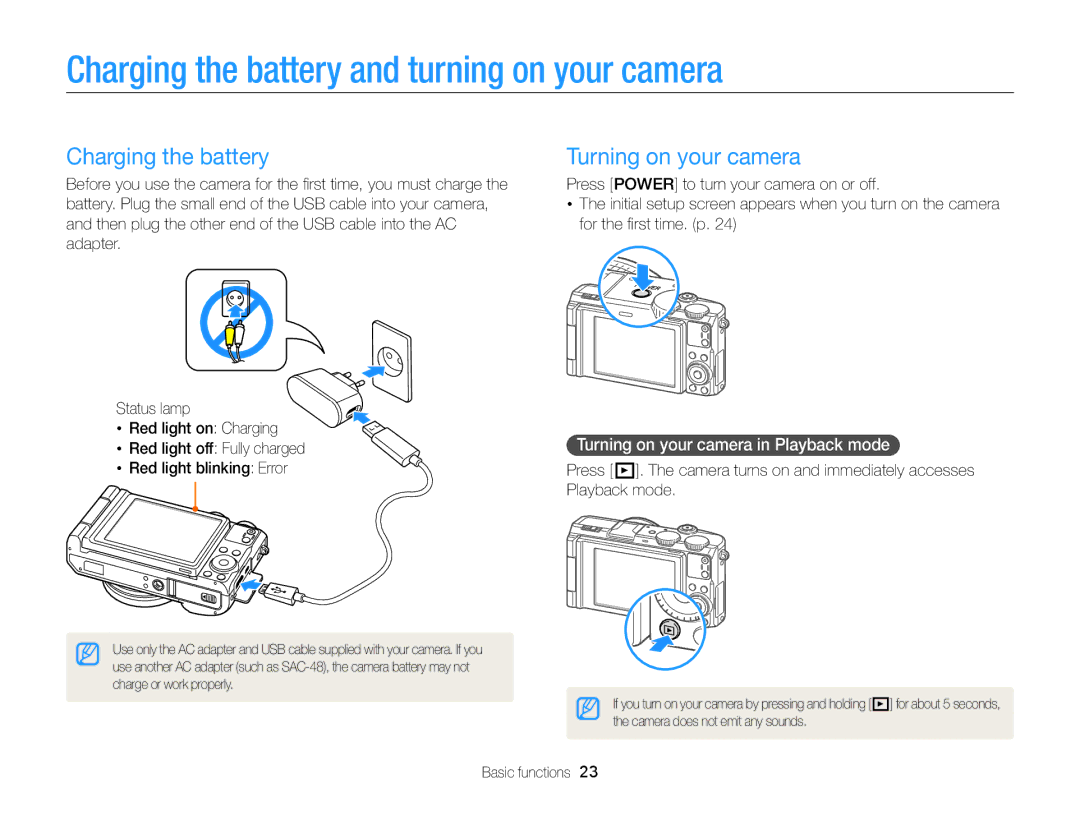 Samsung EC-EX2FZZBPBUS appendix Charging the battery and turning on your camera, Turning on your camera 