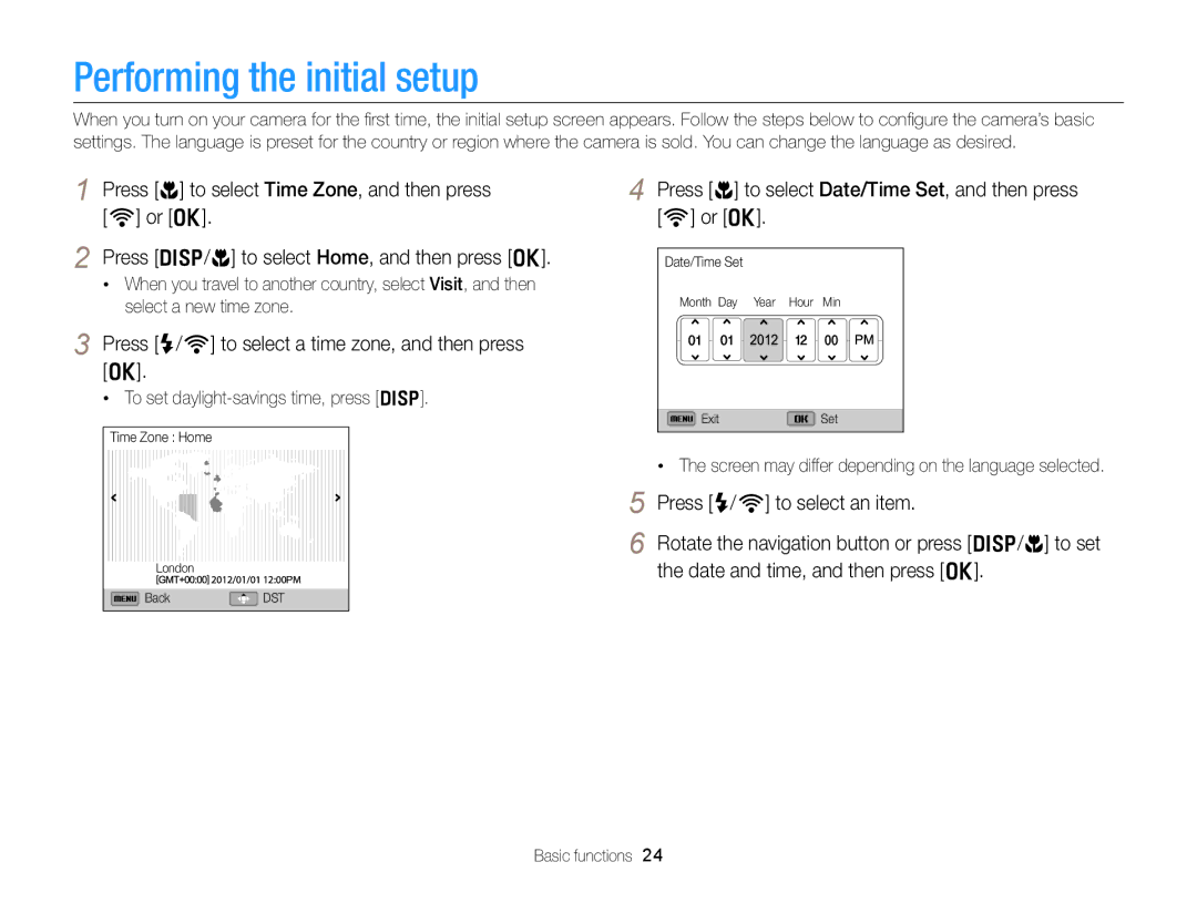 Samsung EC-EX2FZZBPBUS appendix Performing the initial setup, Press c to select Date/Time Set, and then press t or o 