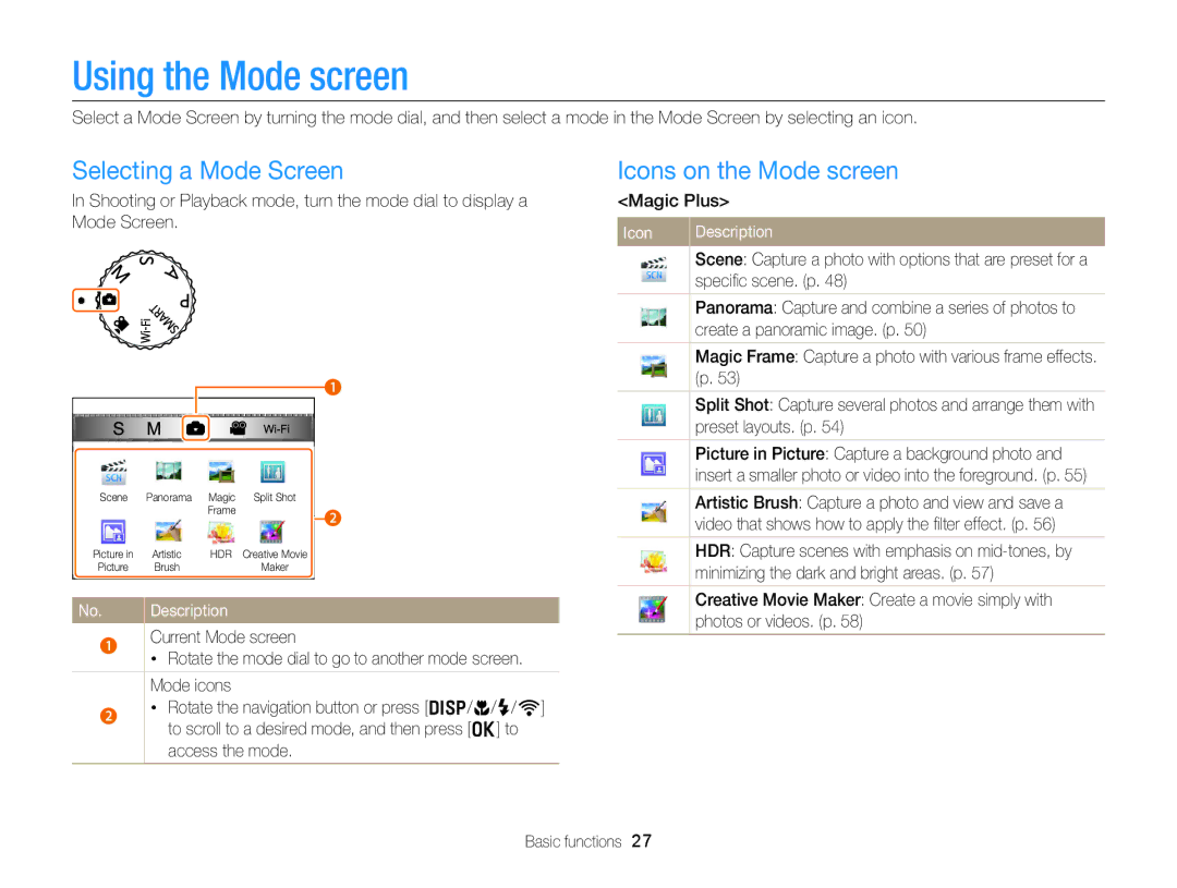 Samsung EC-EX2FZZBPBUS appendix Using the Mode screen, Selecting a Mode Screen, Icons on the Mode screen 