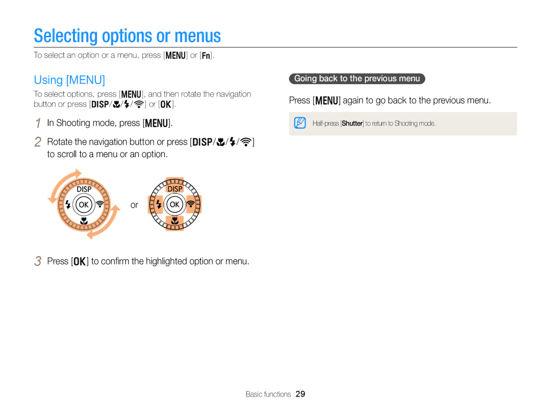 Samsung EC-EX2FZZBPBUS appendix Selecting options or menus, Using Menu, Press m again to go back to the previous menu 