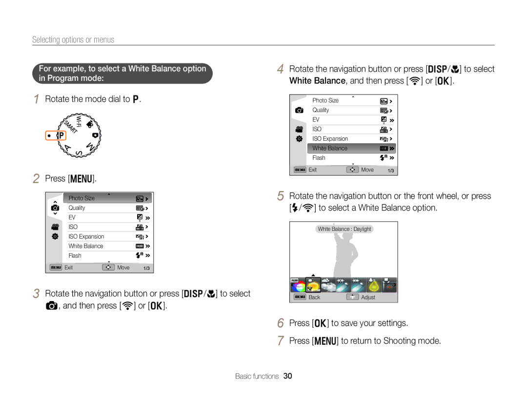 Samsung EC-EX2FZZBPBUS Selecting options or menus, Rotate the mode dial to p Press m, Press o to save your settings 