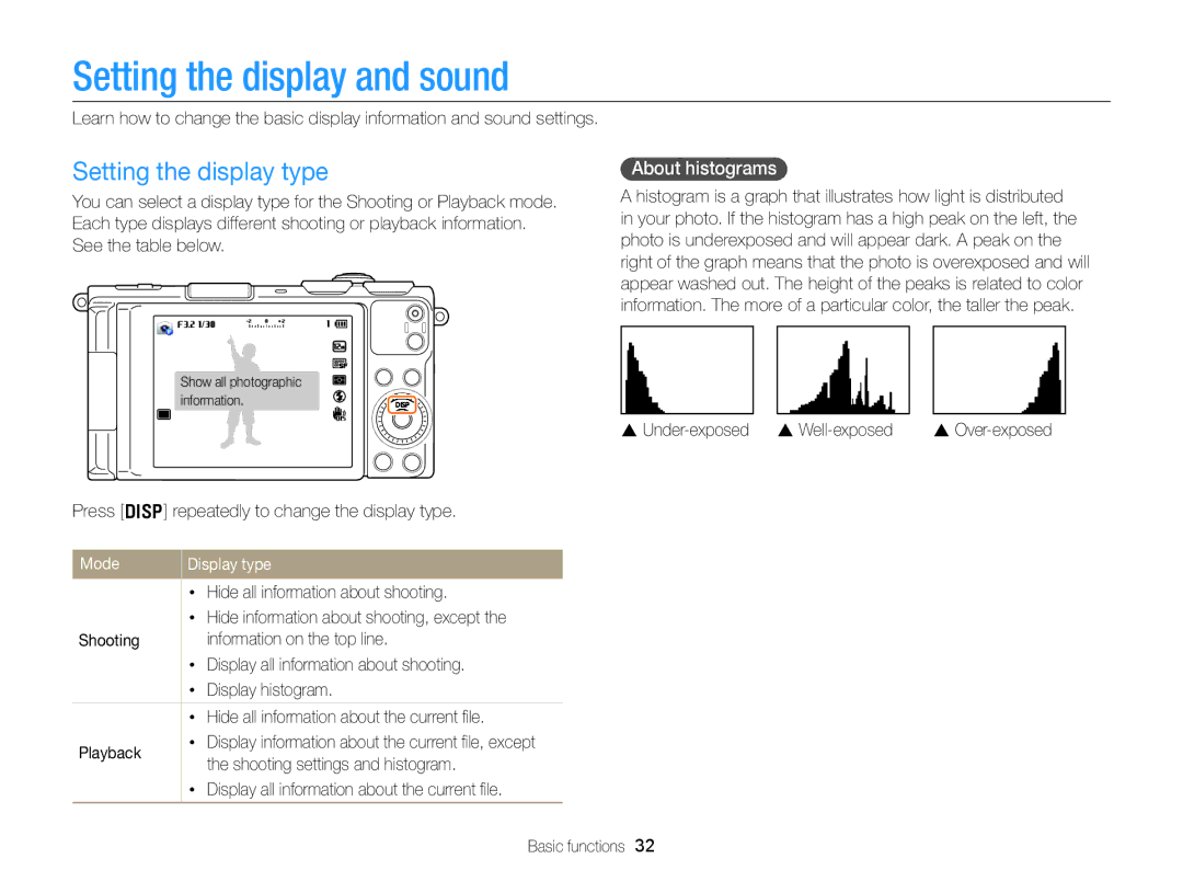 Samsung EC-EX2FZZBPBUS Setting the display and sound, Setting the display type, About histograms, Mode Display type 