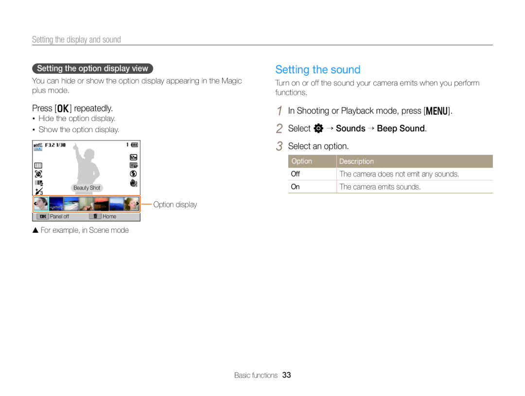 Samsung EX2F appendix Setting the sound, Setting the display and sound, Press o repeatedly, Setting the option display view 