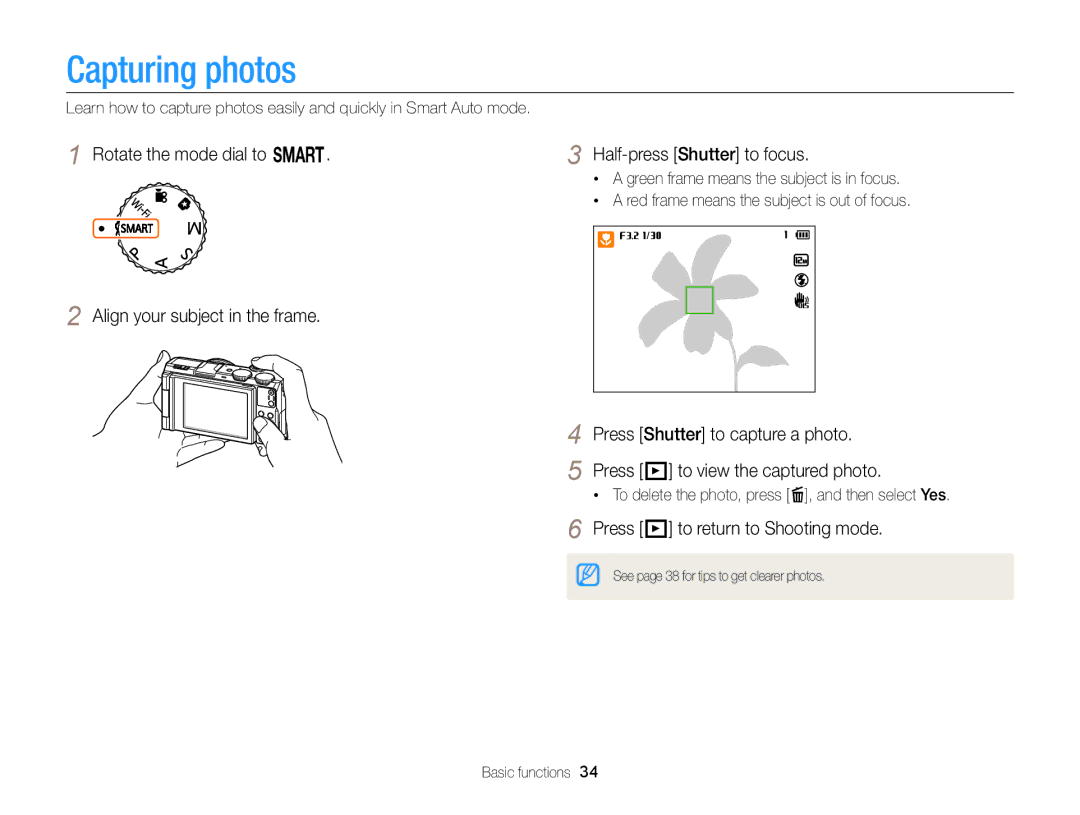 Samsung EC-EX2FZZBPBUS appendix Capturing photos, Press P to return to Shooting mode 