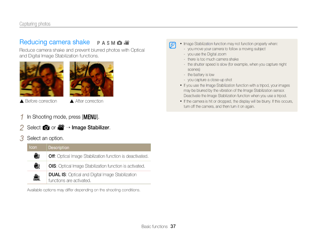 Samsung EC-EX2FZZBPBUS appendix Reducing camera shake p a h M g, Icon Description 