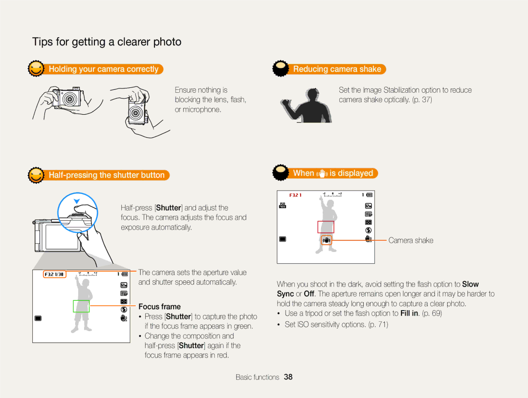 Samsung EC-EX2FZZBPBUS appendix Holding your camera correctly, Half-pressing the shutter button When, Reducing camera shake 