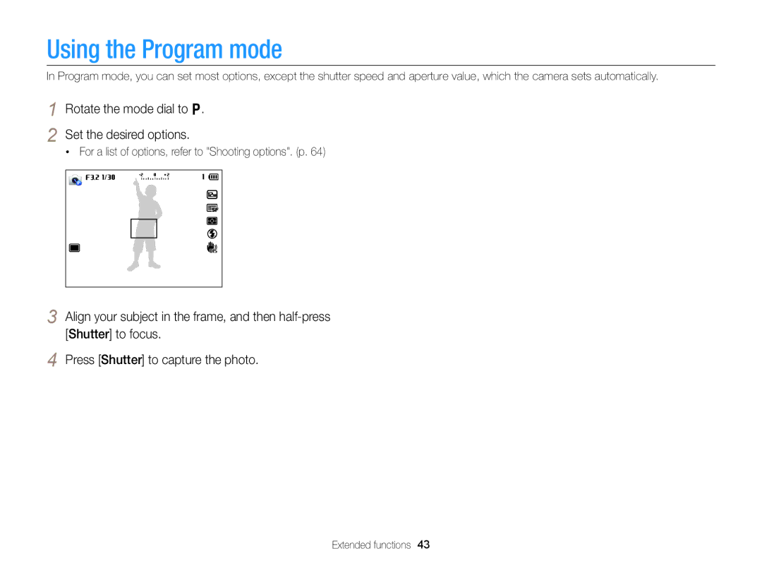 Samsung EC-EX2FZZBPBUS appendix Using the Program mode, Rotate the mode dial to p Set the desired options 