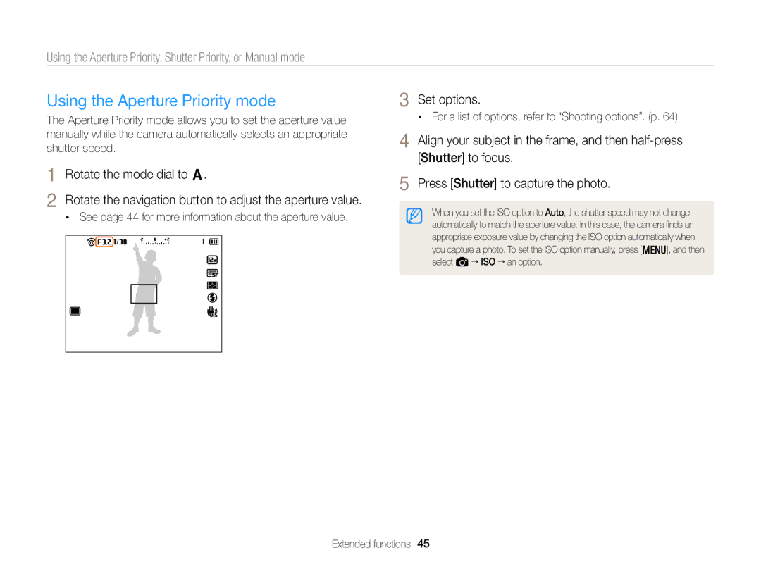 Samsung EX2F Using the Aperture Priority mode, Set options, See page 44 for more information about the aperture value 
