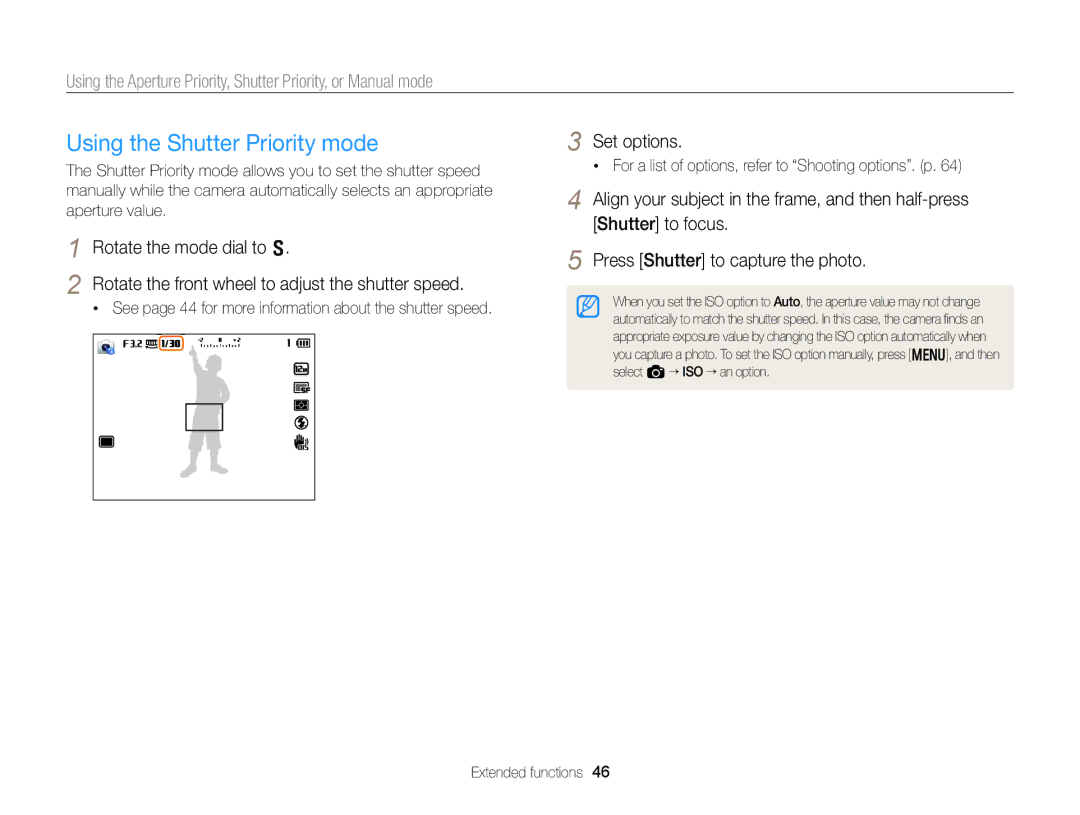 Samsung EC-EX2FZZBPBUS appendix Using the Shutter Priority mode, See page 44 for more information about the shutter speed 