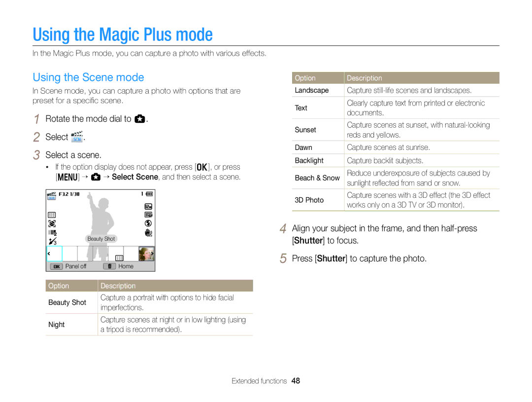 Samsung EC-EX2FZZBPBUS Using the Magic Plus mode, Using the Scene mode, Rotate the mode dial to g Select Select a scene 