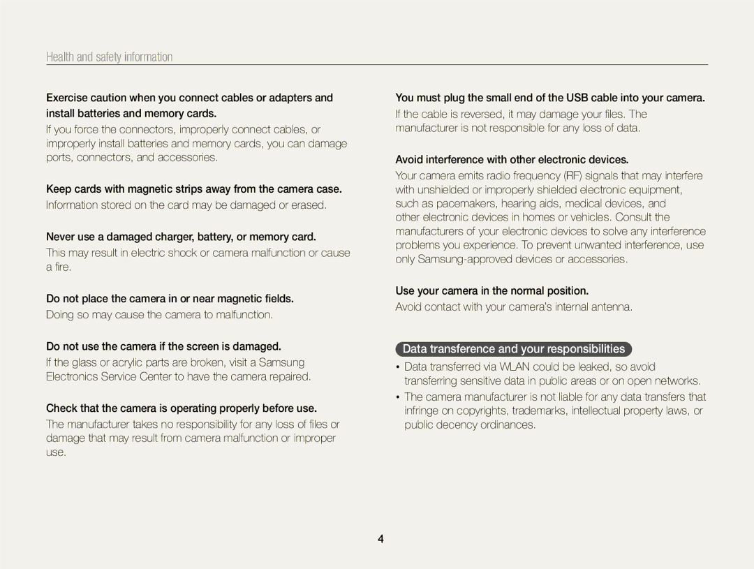 Samsung EC-EX2FZZBPBUS appendix Data transference and your responsibilities, Do not use the camera if the screen is damaged 