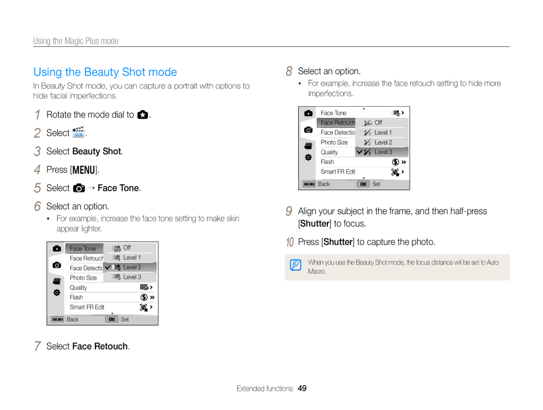 Samsung EC-EX2FZZBPBUS appendix Using the Beauty Shot mode, Using the Magic Plus mode, Select Face Retouch 