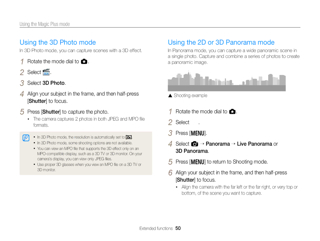 Samsung EC-EX2FZZBPBUS appendix Using the 3D Photo mode, Using the 2D or 3D Panorama mode 