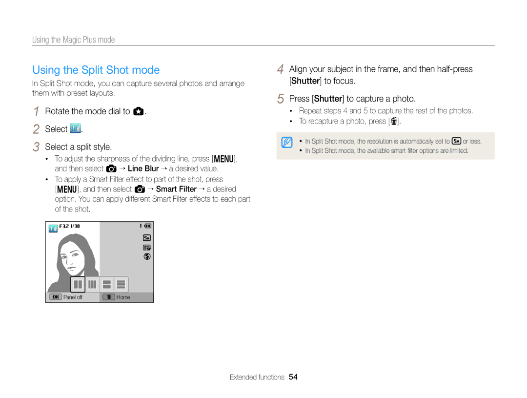 Samsung EC-EX2FZZBPBUS appendix Using the Split Shot mode, Rotate the mode dial to g Select Select a split style 