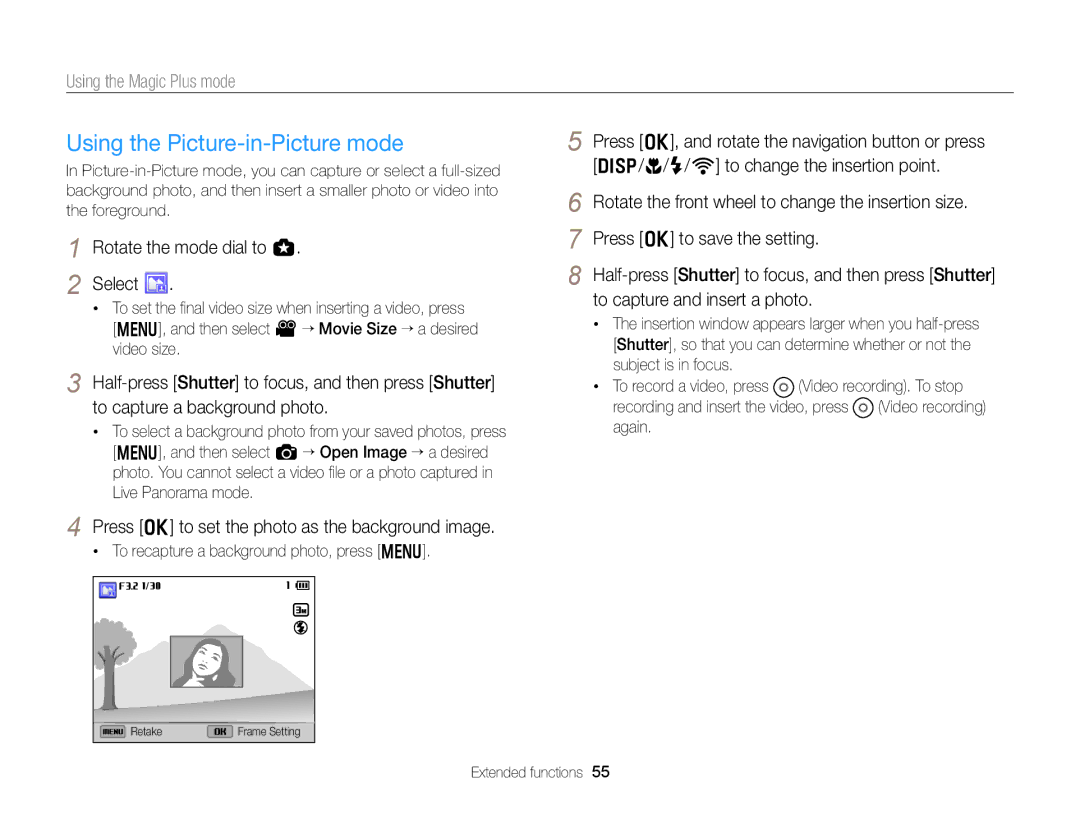 Samsung EX2F Using the Picture-in-Picture mode, Rotate the mode dial to g Select, To recapture a background photo, press m 