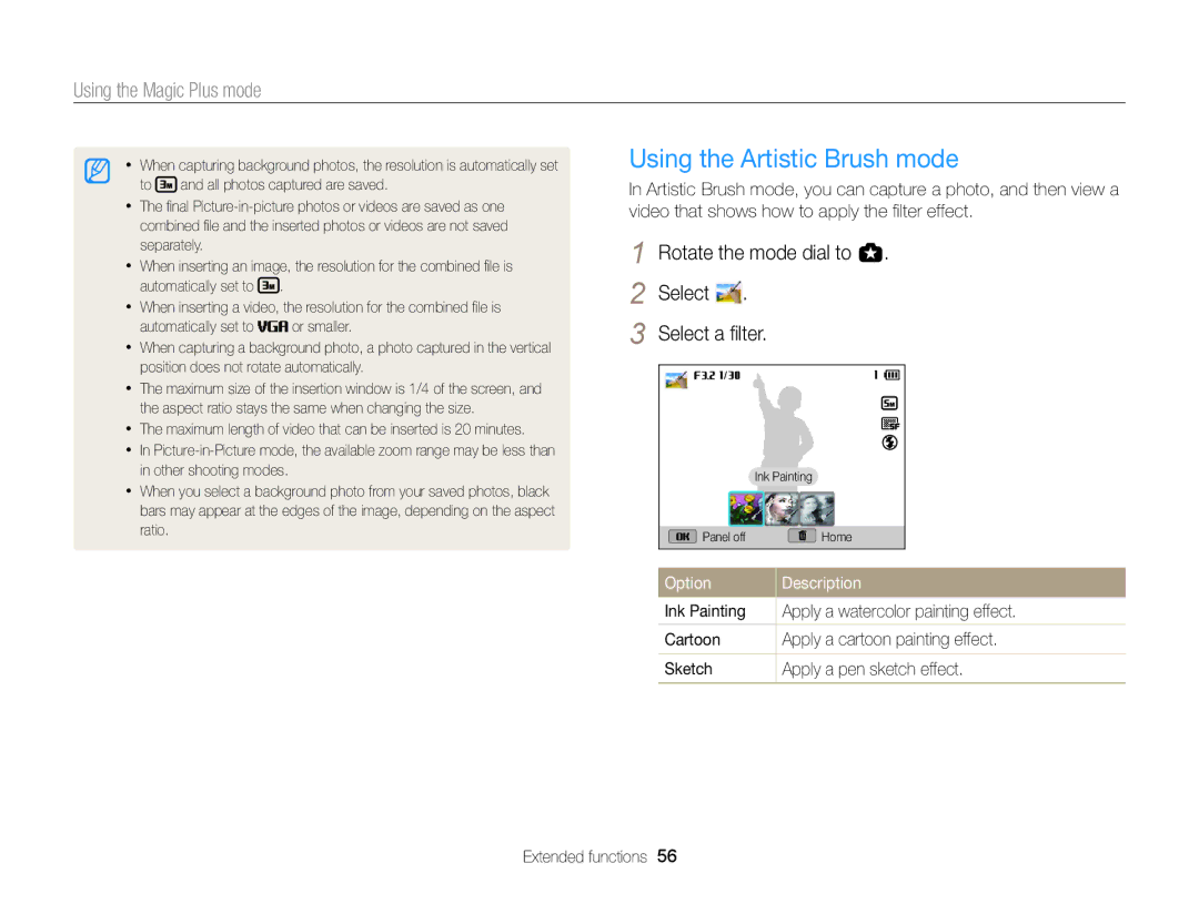 Samsung EC-EX2FZZBPBUS appendix Using the Artistic Brush mode, Rotate the mode dial to g Select Select a ﬁlter 