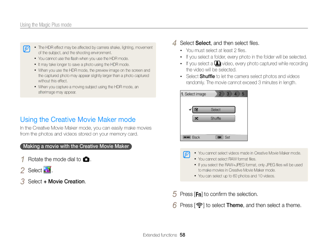 Samsung EC-EX2FZZBPBUS appendix Using the Creative Movie Maker mode, Select Select, and then select ﬁles 