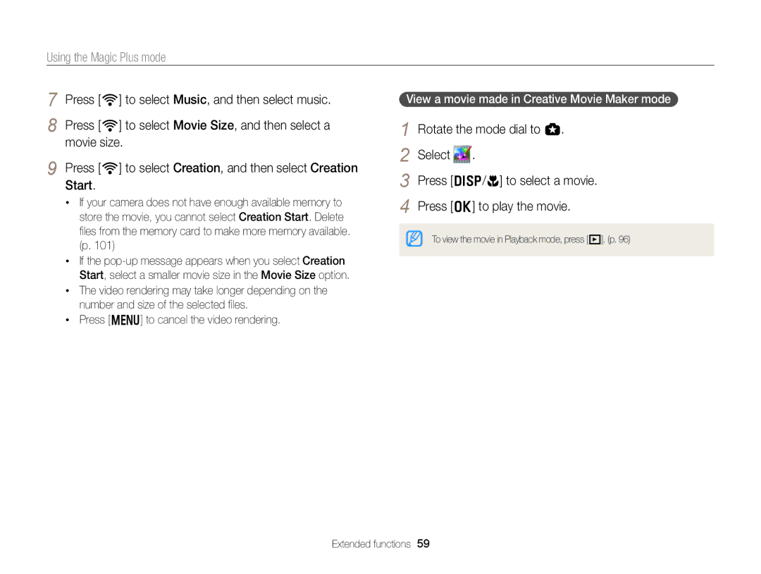 Samsung EC-EX2FZZBPBUS appendix Press m to cancel the video rendering, View a movie made in Creative Movie Maker mode 