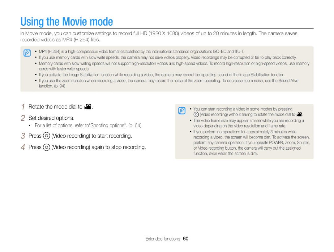 Samsung EC-EX2FZZBPBUS appendix Using the Movie mode, Rotate the mode dial to Set desired options 