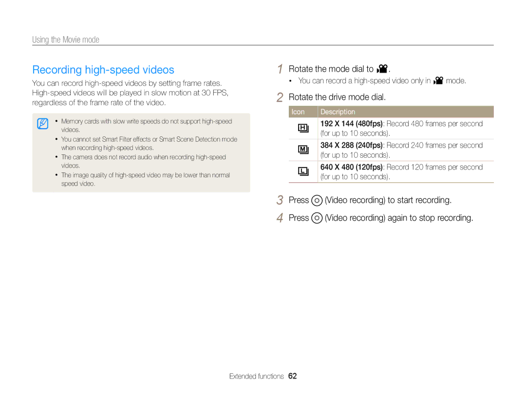 Samsung EC-EX2FZZBPBUS appendix Recording high-speed videos, Rotate the mode dial to, Rotate the drive mode dial 