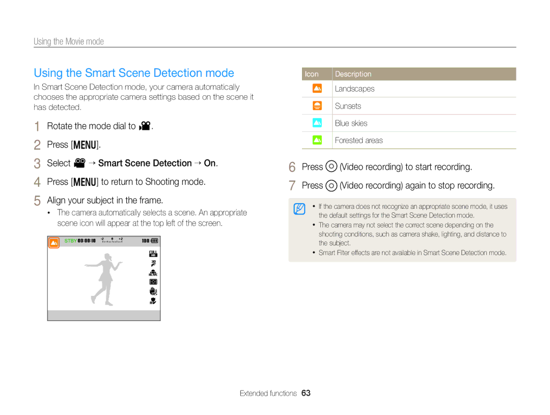 Samsung EC-EX2FZZBPBUS appendix Using the Smart Scene Detection mode, Press 