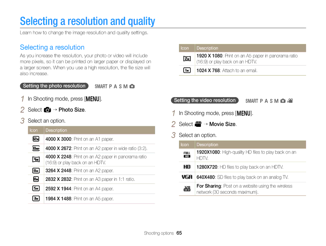 Samsung EC-EX2FZZBPBUS appendix Selecting a resolution and quality, Setting the photo resolution T p a h M g 