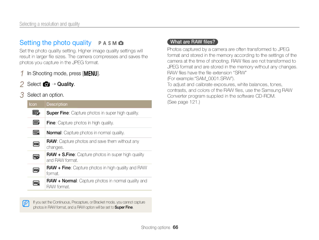 Samsung EC-EX2FZZBPBUS appendix Setting the photo quality p a h M g, Selecting a resolution and quality, What are RAW ﬁles? 