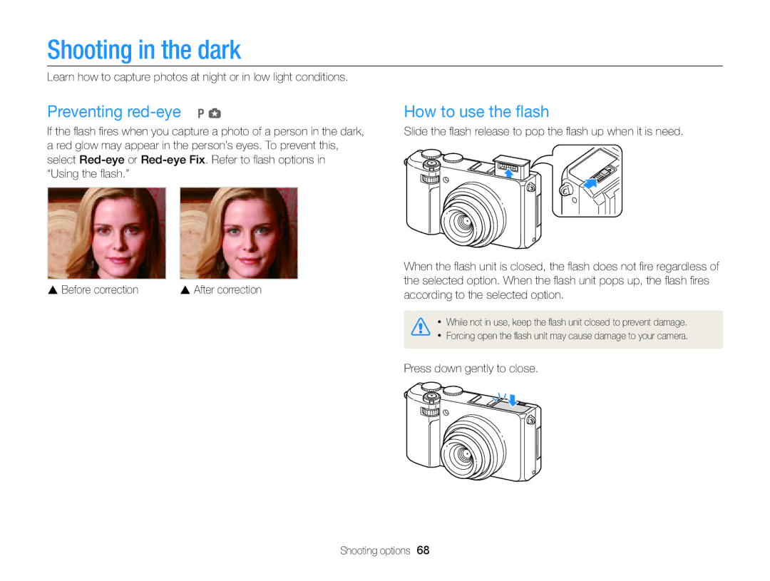 Samsung EC-EX2FZZBPBUS appendix Shooting in the dark, Preventing red-eye p g How to use the ﬂash 