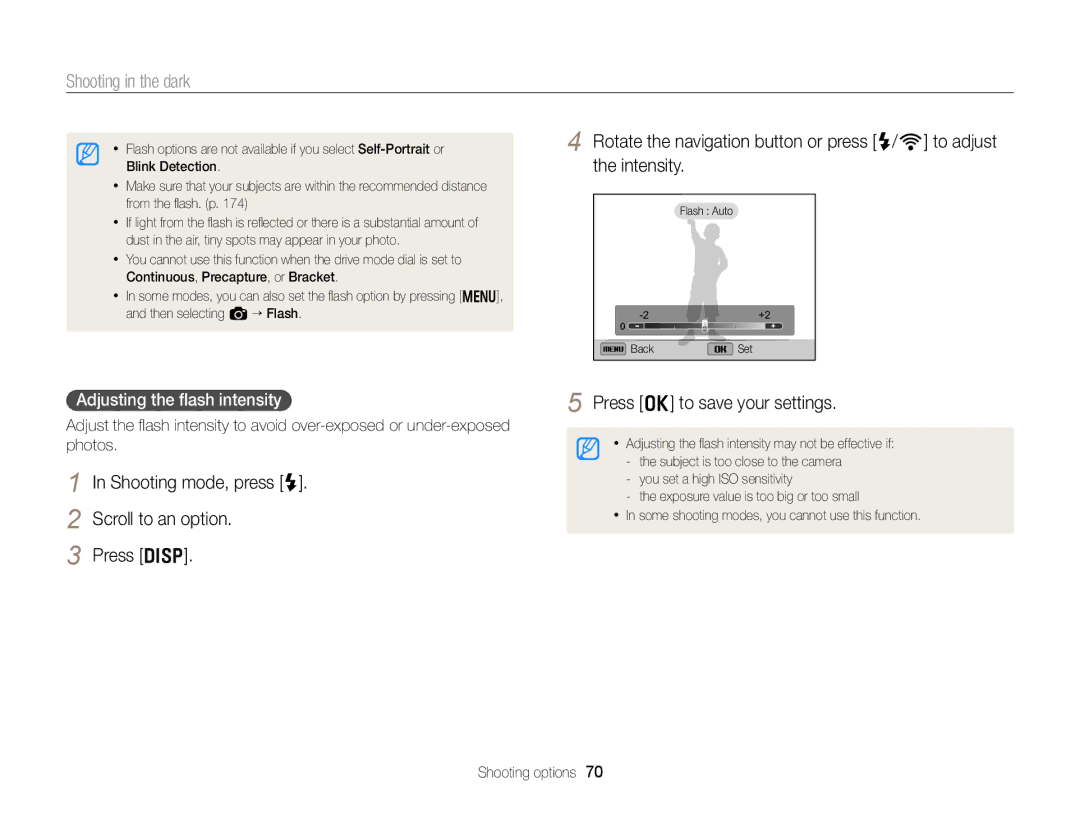 Samsung EC-EX2FZZBPBUS appendix Adjusting the ﬂash intensity 