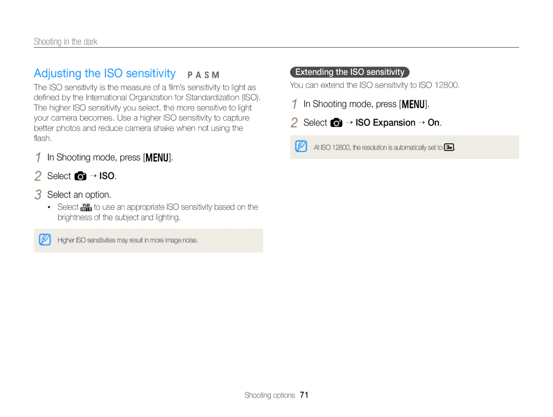 Samsung EC-EX2FZZBPBUS Adjusting the ISO sensitivity p a h M, Shooting mode, press m Select a “ ISO Select an option 