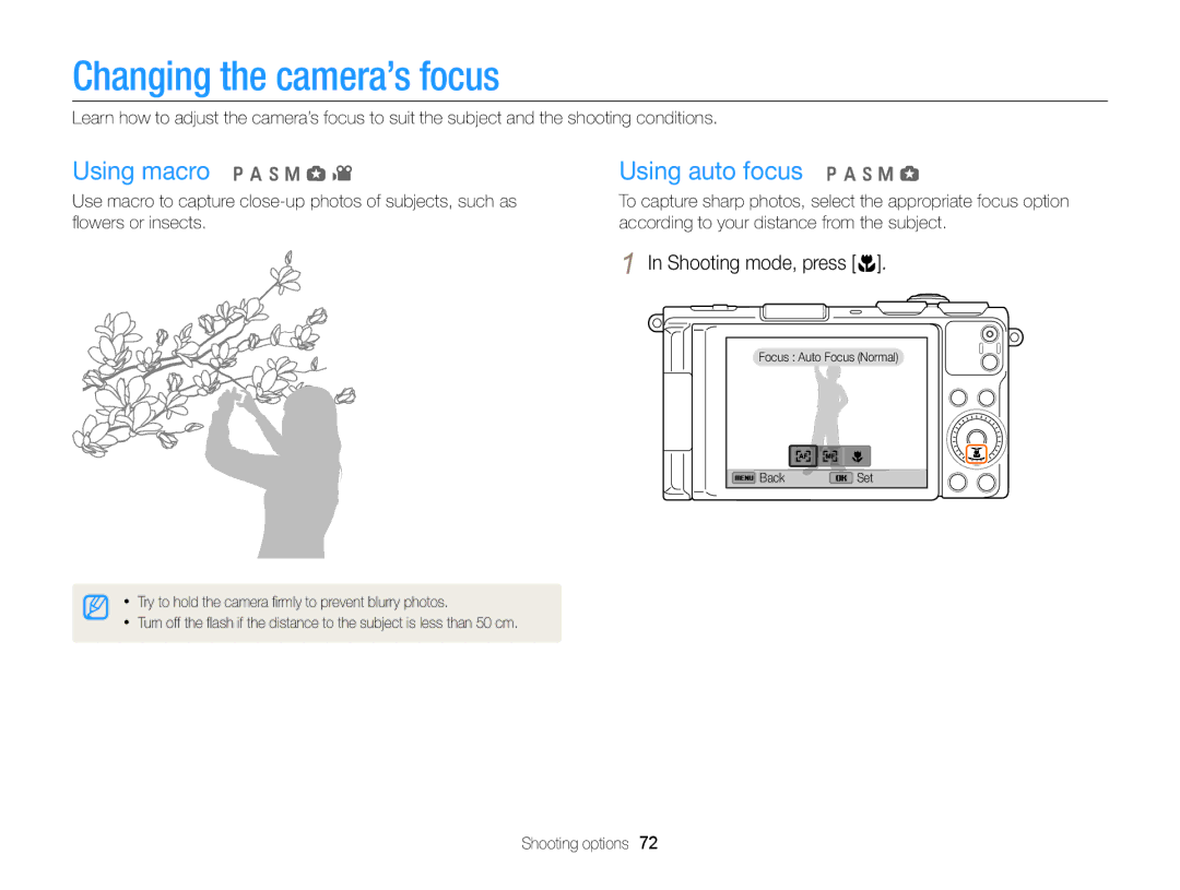 Samsung EC-EX2FZZBPBUS appendix Changing the camera’s focus, Using macro p a h M g Using auto focus p a h M g 