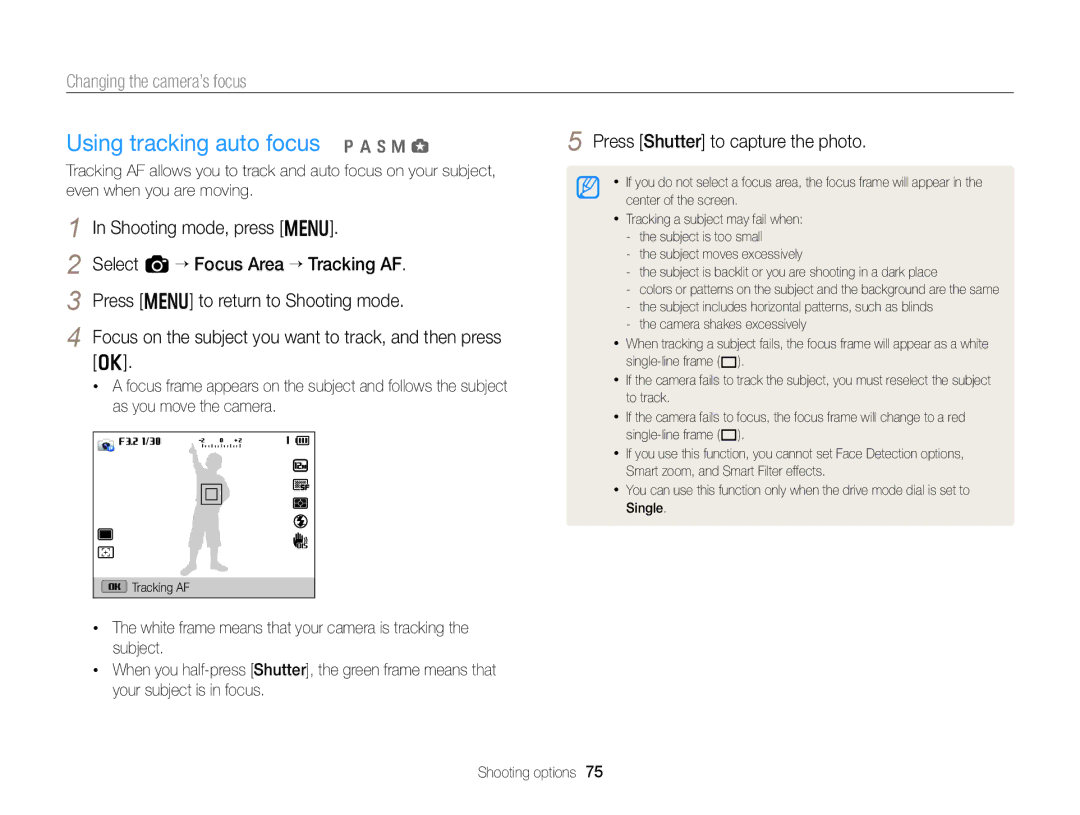 Samsung EC-EX2FZZBPBUS appendix Using tracking auto focus p a h M g 