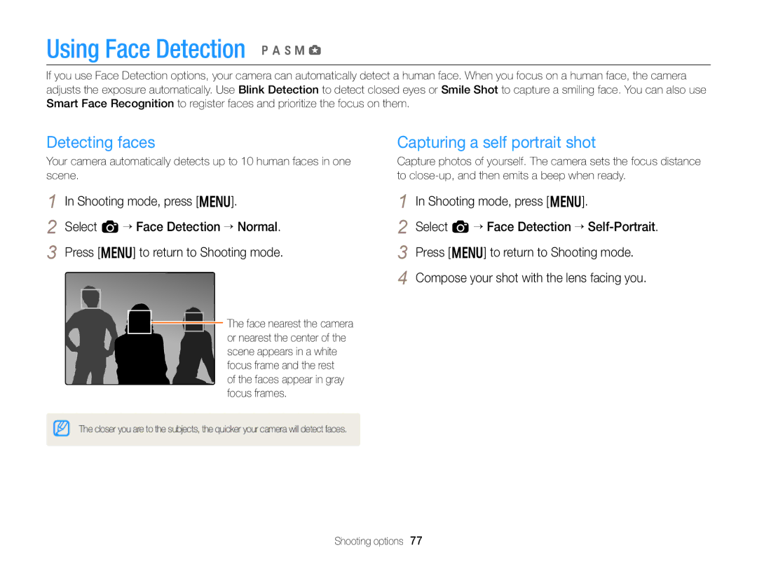 Samsung EX2F Using Face Detection p a h M g, Detecting faces, Capturing a self portrait shot, Shooting mode, press m 