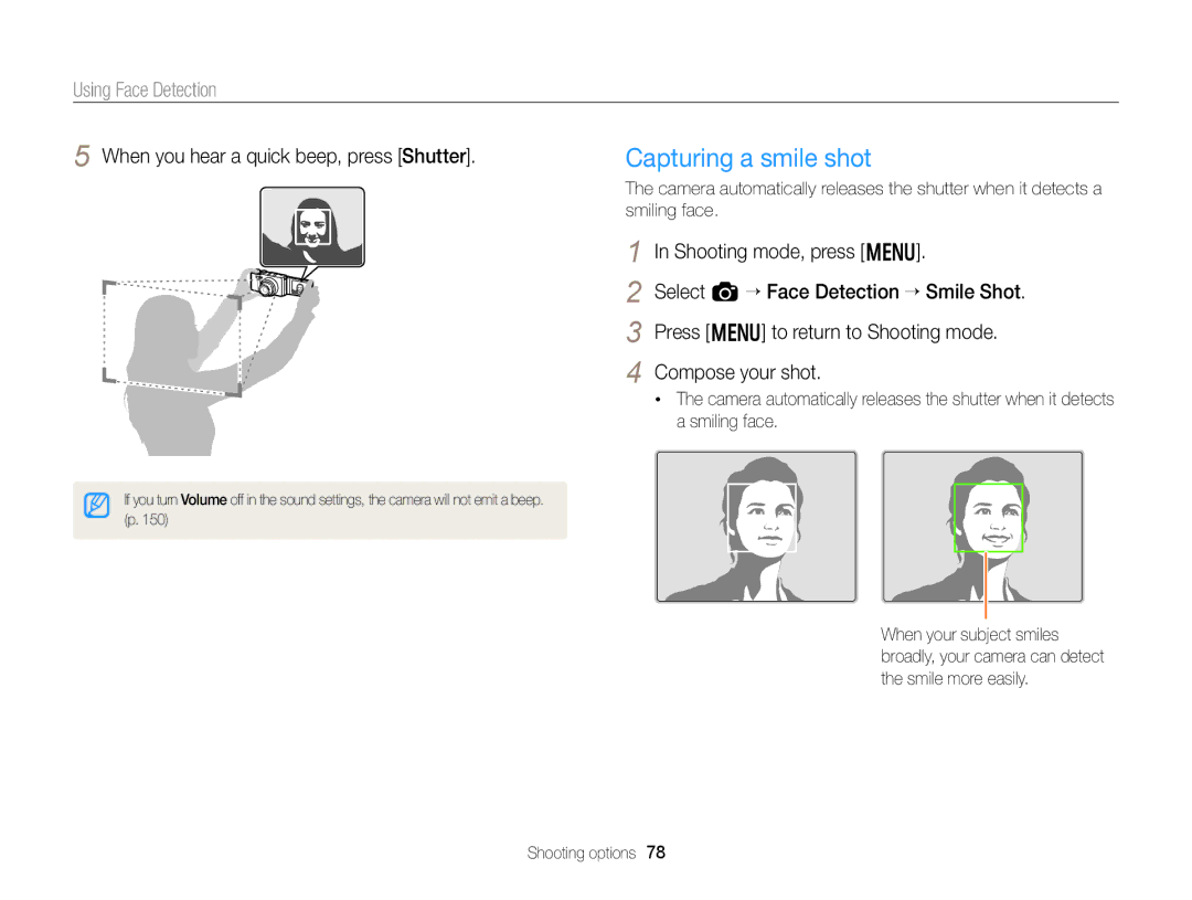 Samsung EC-EX2FZZBPBUS appendix Capturing a smile shot, Using Face Detection, When you hear a quick beep, press Shutter 