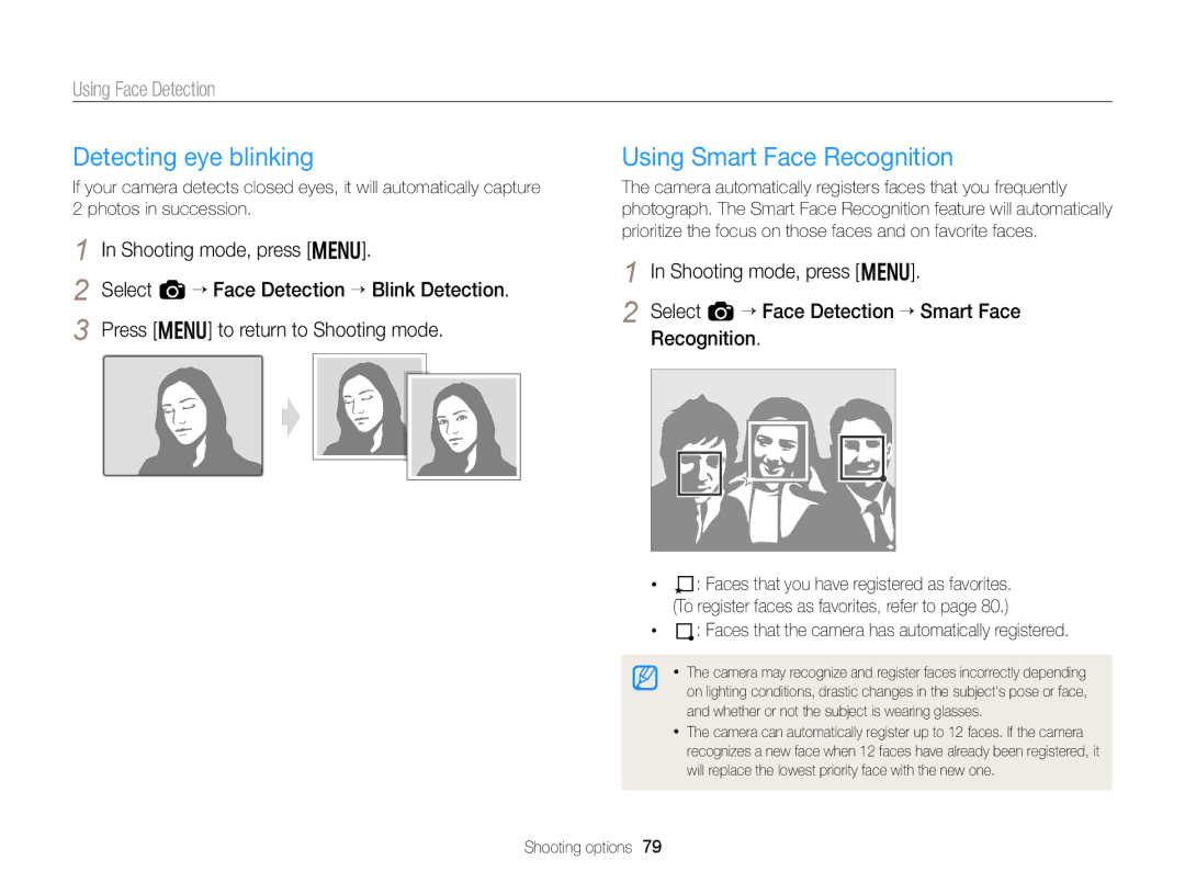 Samsung EX2F Detecting eye blinking, Using Smart Face Recognition, Faces that the camera has automatically registered 