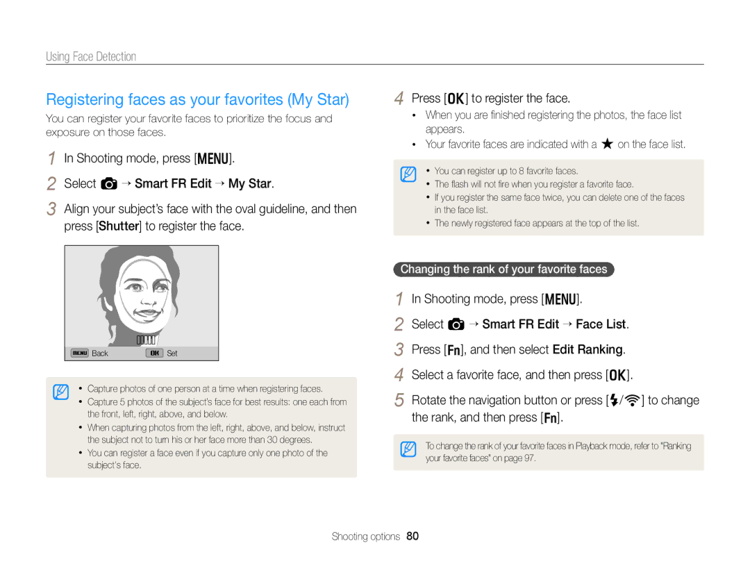 Samsung EC-EX2FZZBPBUS appendix Registering faces as your favorites My Star, Press o to register the face 