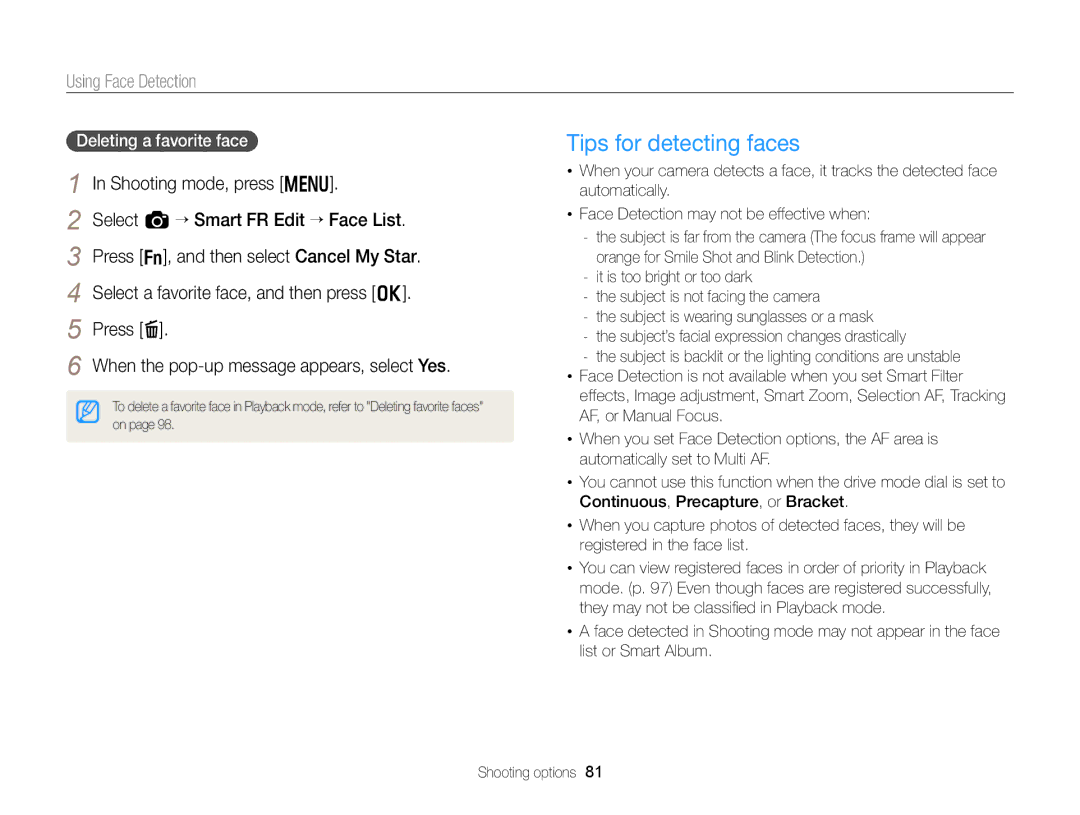 Samsung EC-EX2FZZBPBUS appendix Tips for detecting faces, Deleting a favorite face 