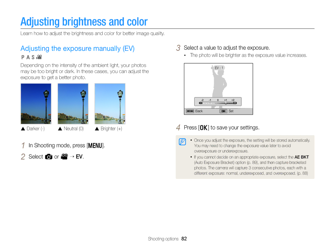 Samsung EC-EX2FZZBPBUS appendix Adjusting brightness and color, Adjusting the exposure manually EV 